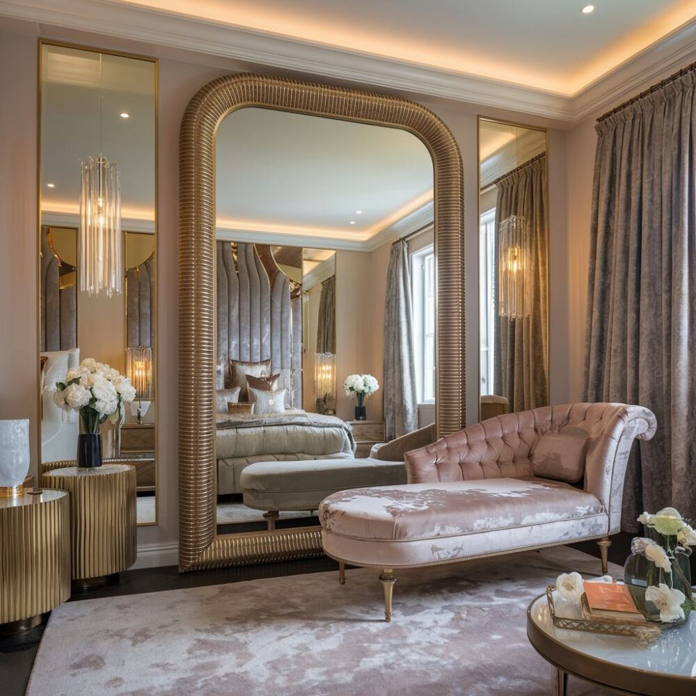 elegancka sypialnia z dużym lustrem