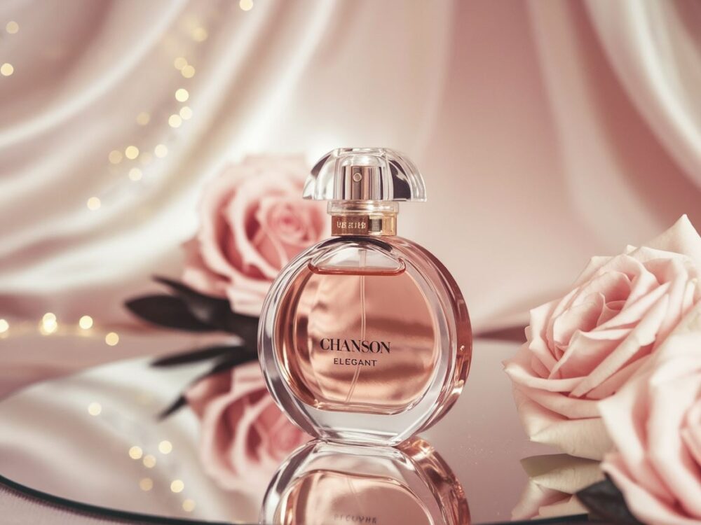 eleganckie perfumy na tle kwiatów