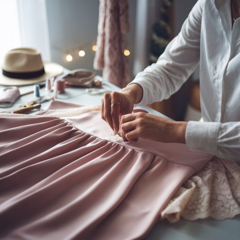 ręce przyszywające koronkę