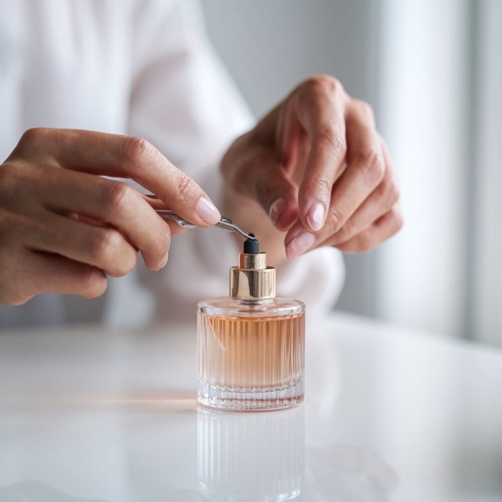 ręce z narzędziem przy perfumach