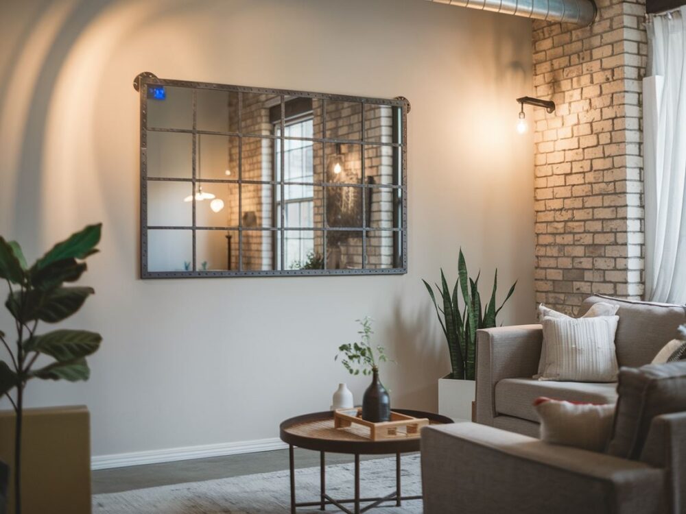 salon z ceglaną ścianą i lustrem